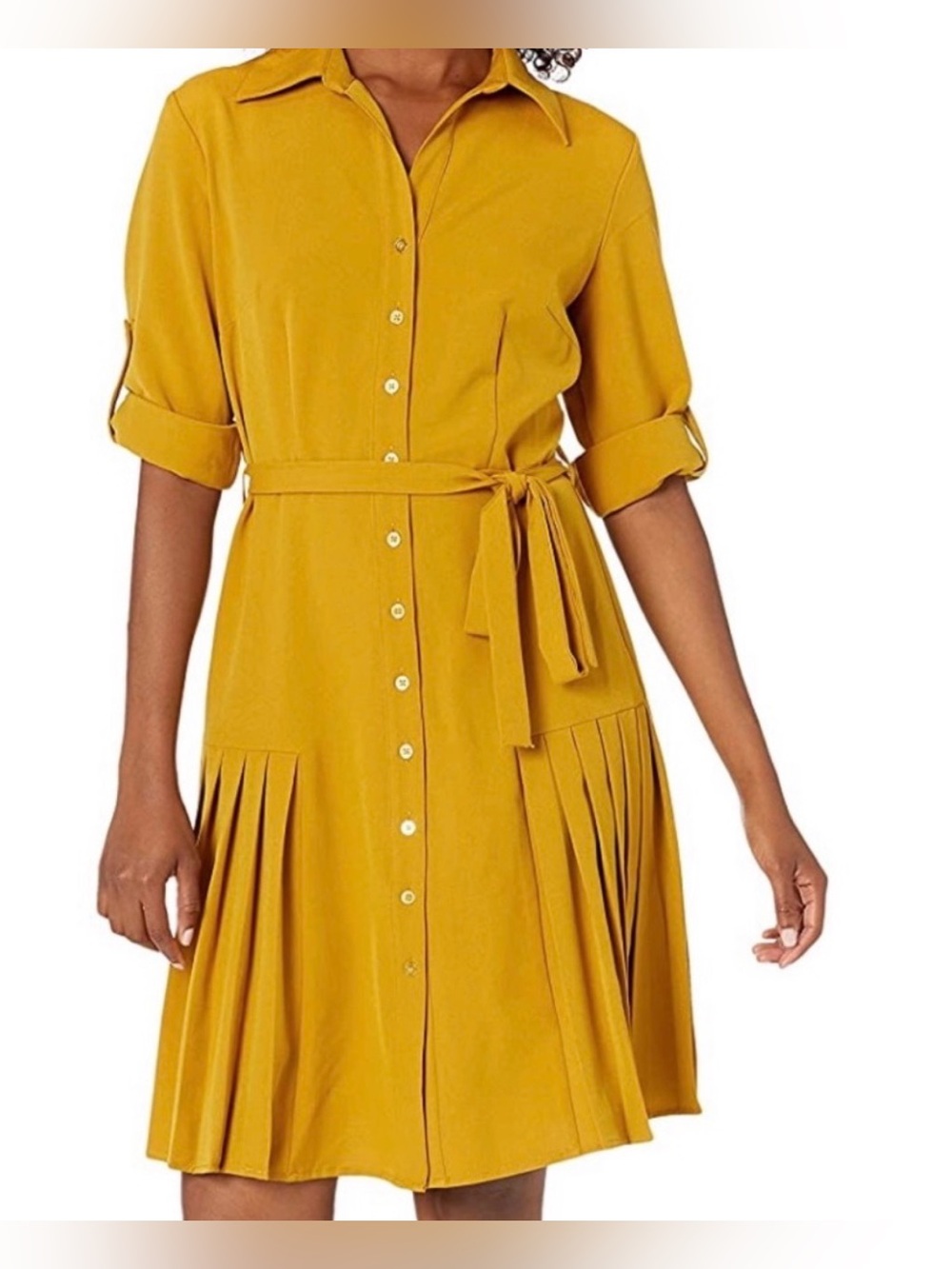 Mustard Shirt Dress with Tie Waist